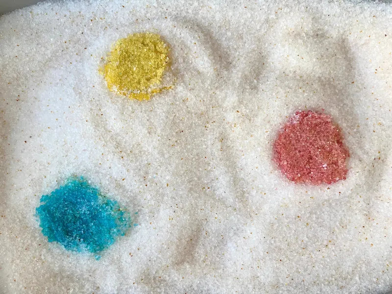 Ciotola di lettiera Pacha con cristalli gialli, blu e rossi che illustrano i 3 codici colore di rilevamento della salute