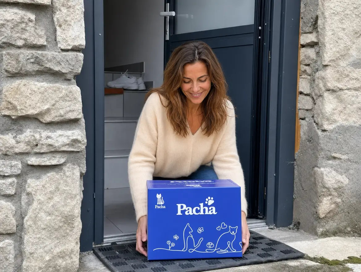 Cliente di Pacha che riceve il suo pacco Pacha sulla soglia di casa