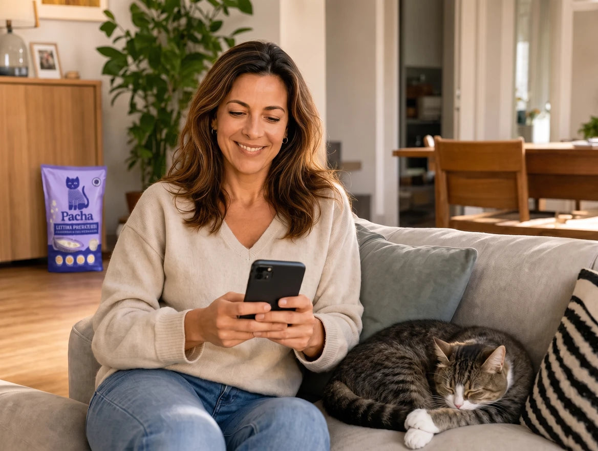 Cliente rilassata sul suo divano che consulta lo smartphone, un gatto addormentato accanto a lei