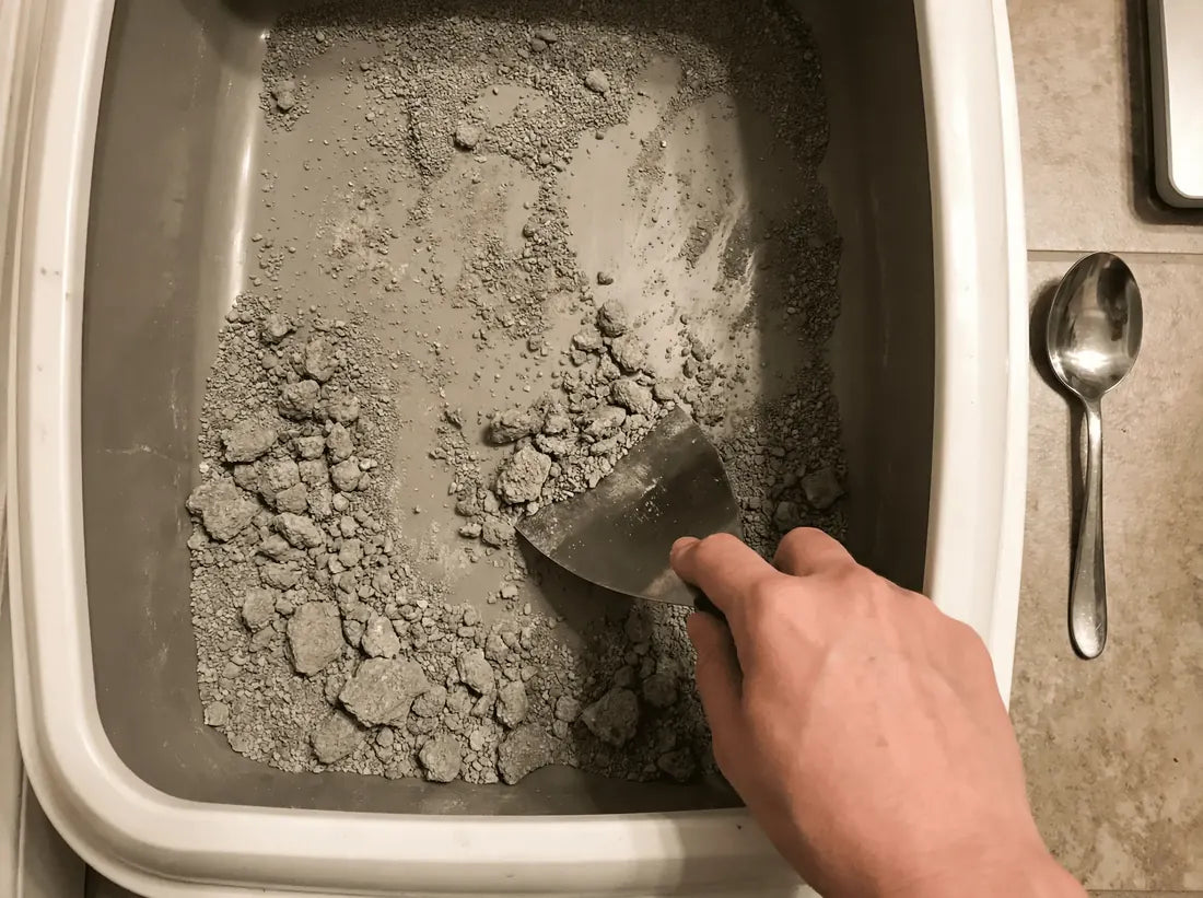 Fondo della cassetta coperto di cemento, raschiato con un raschietto metallico, cucchiaio da minestra accanto