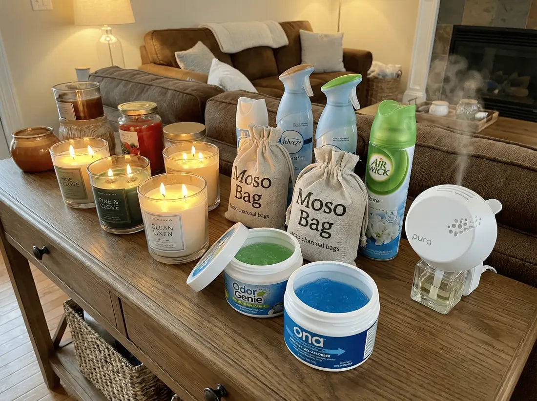 Arsenale antiodore: candele, spray, sacchetti di carbone, barattoli di gel allineati su un mobile