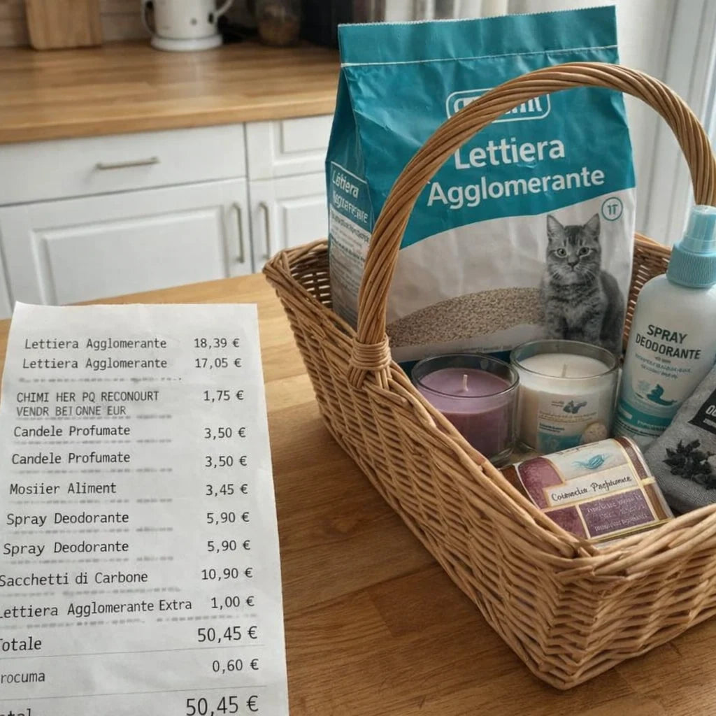 Scontrino da 50 euro con carrello della spesa: lettiera, candele, spray, carbone