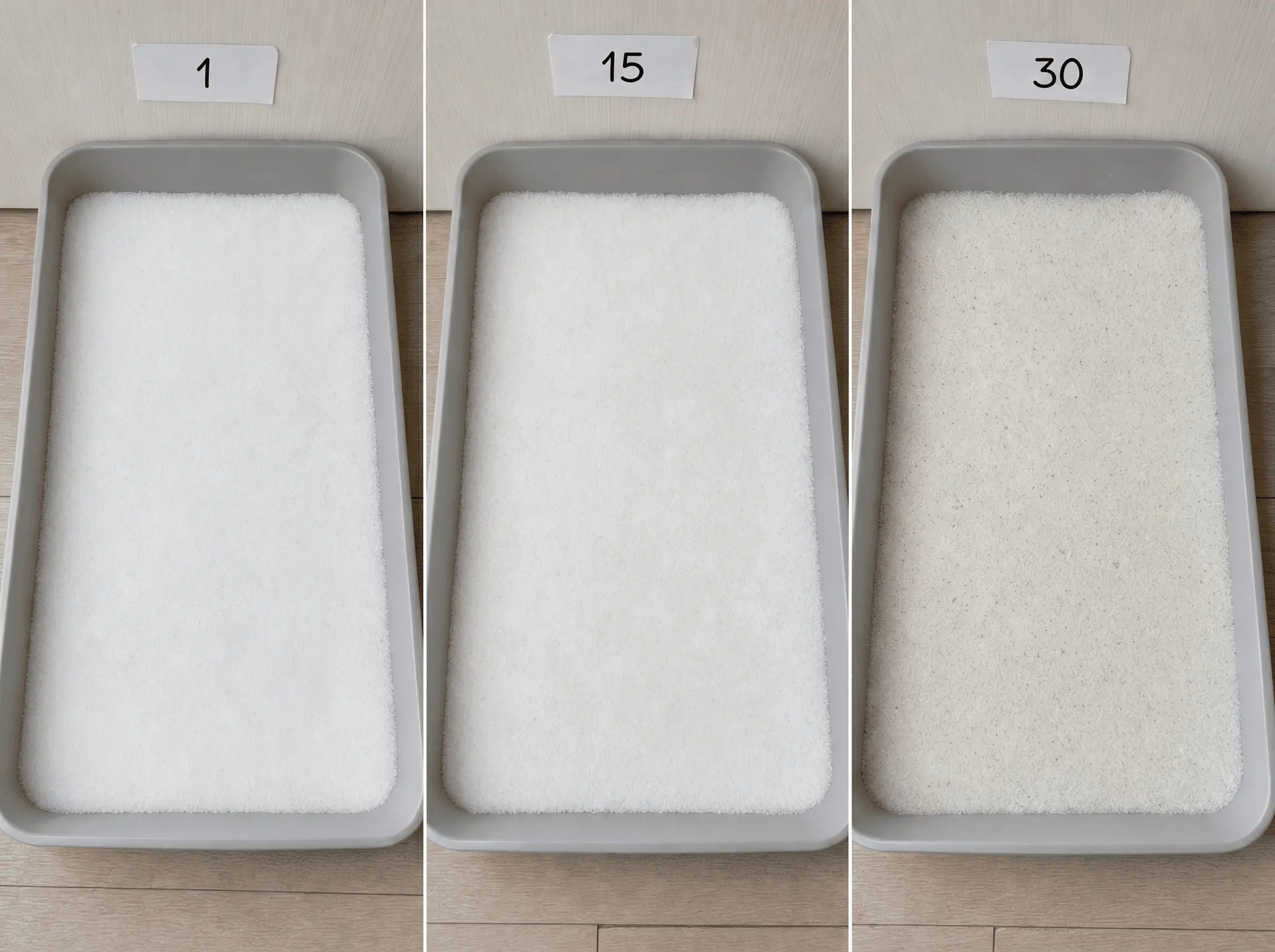 La stessa cassetta al Giorno 1, al Giorno 15 e al Giorno 30: appena ingiallita dopo un mese