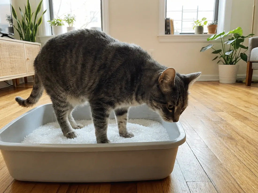 Il gatto già dentro la cassetta a ispezionare i cristalli