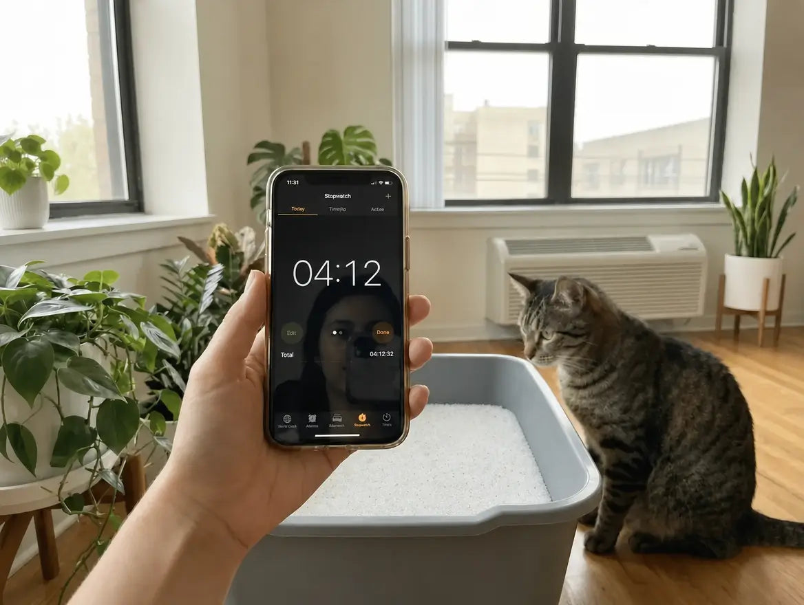 Una mano tiene uno smartphone che mostra un cronometro a 04:12, un gatto tigrato seduto accanto alla cassetta piena di cristalli bianchi di Pacha